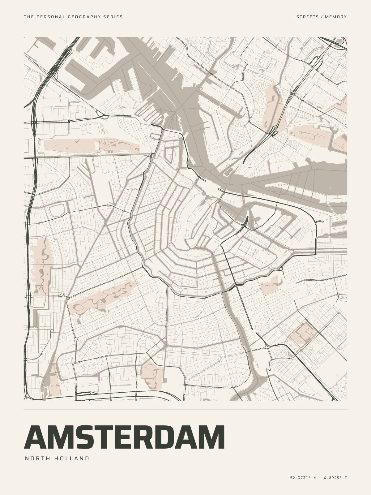 The Map Print of Amsterdam: its streets, its parks and the canals and the IJ drawn on fine-art paper, the name and the coordinates beneath