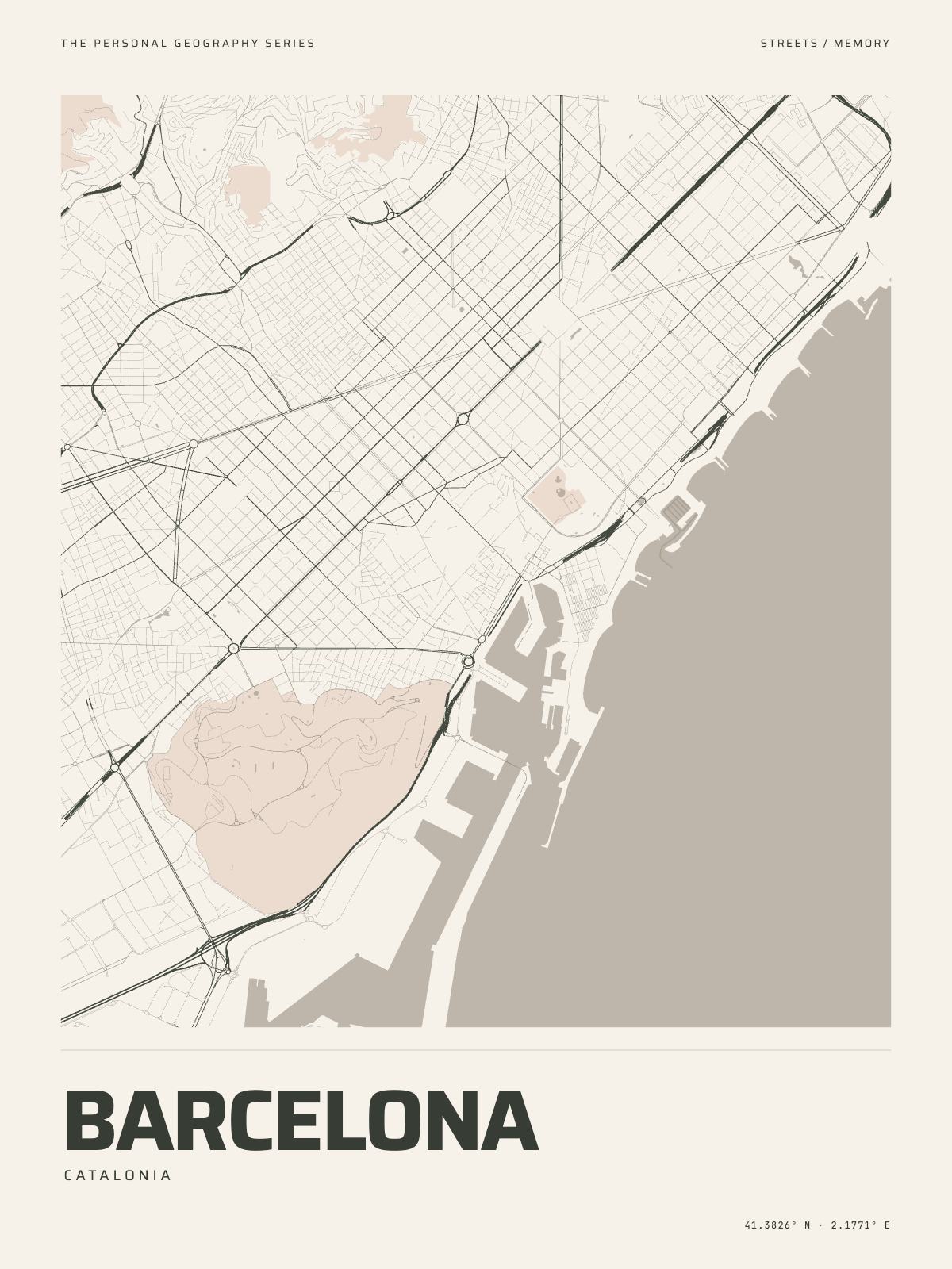 The Map Print of Barcelona: its streets, its parks and the Mediterranean drawn on fine-art paper, the name and the coordinates beneath