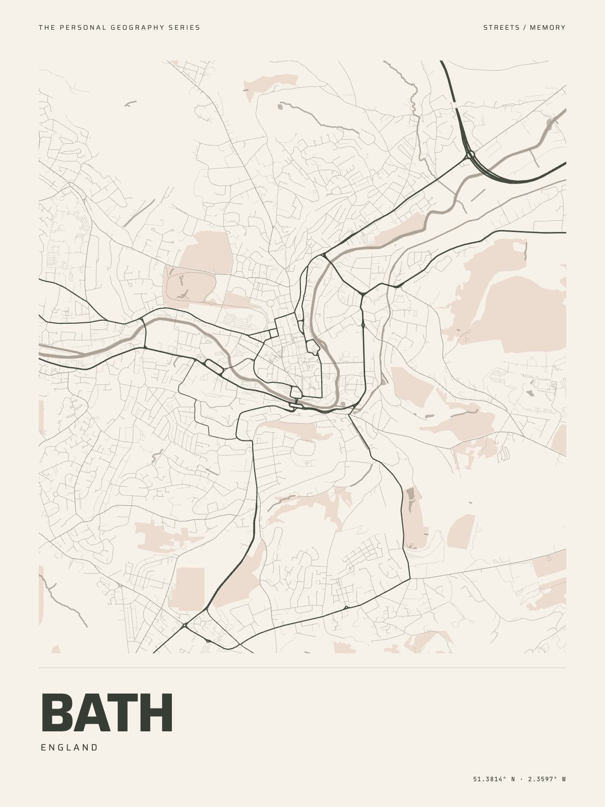 The Map Print of Bath: its streets, its parks and the Avon drawn on fine-art paper, the name and the coordinates beneath