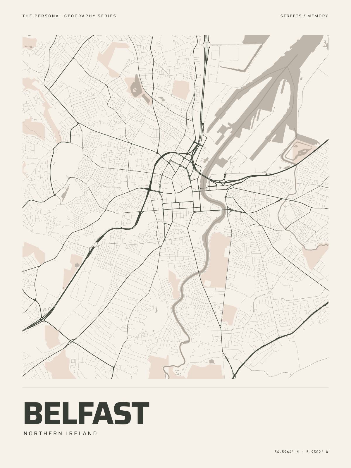 The Map Print of Belfast: its streets, its parks and the Lagan drawn on fine-art paper, the name and the coordinates beneath