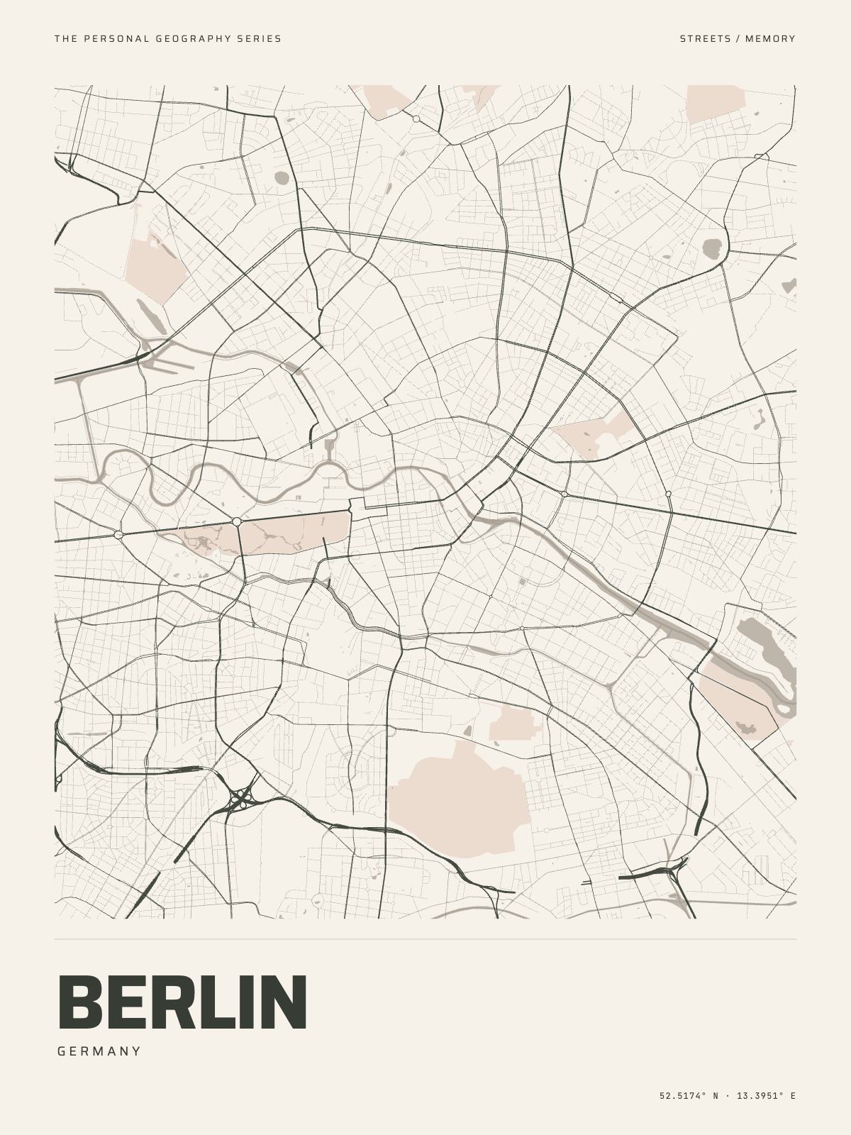 The Map Print of Berlin: its streets, its parks and the Spree drawn on fine-art paper, the name and the coordinates beneath