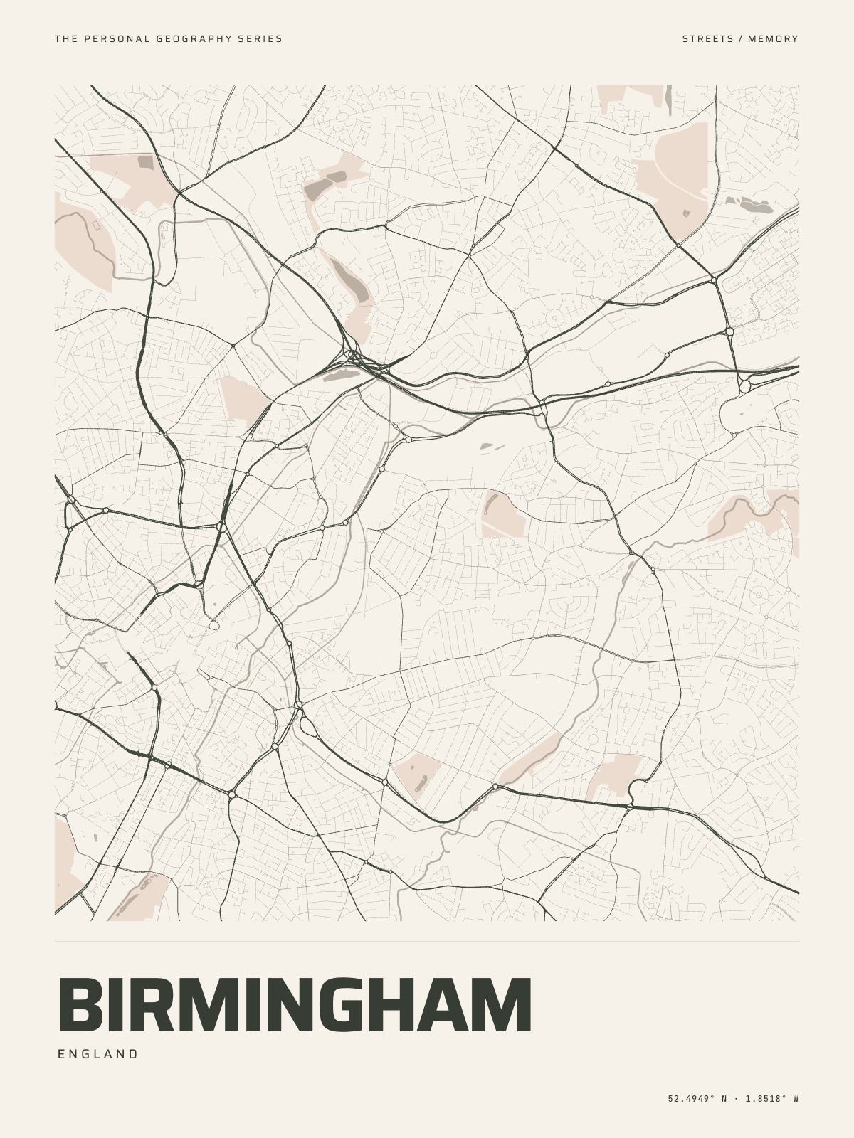 The Map Print of Birmingham: its streets, its parks and the canals drawn on fine-art paper, the name and the coordinates beneath