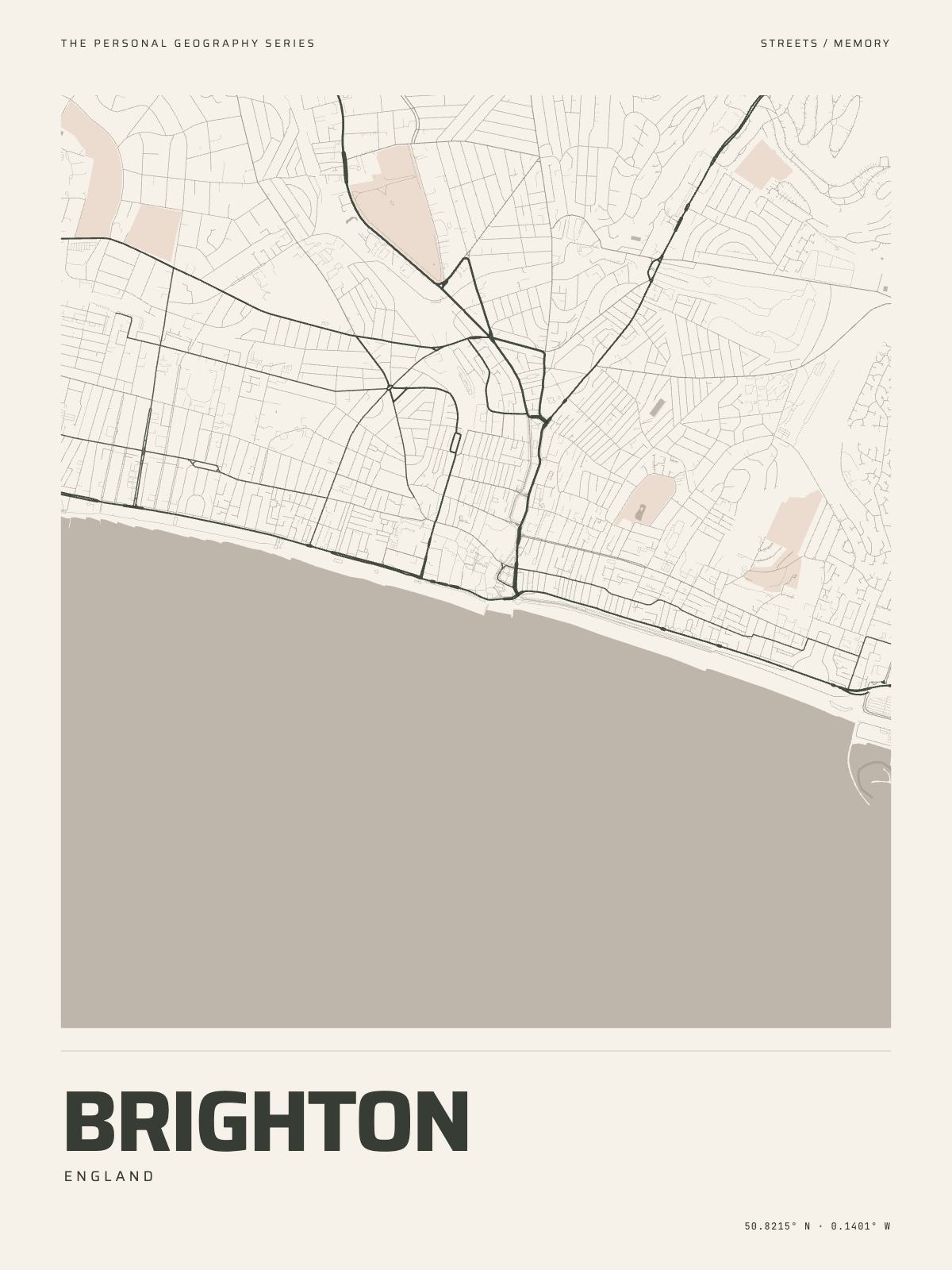 The Map Print of Brighton: its streets, its parks and the Channel drawn on fine-art paper, the name and the coordinates beneath