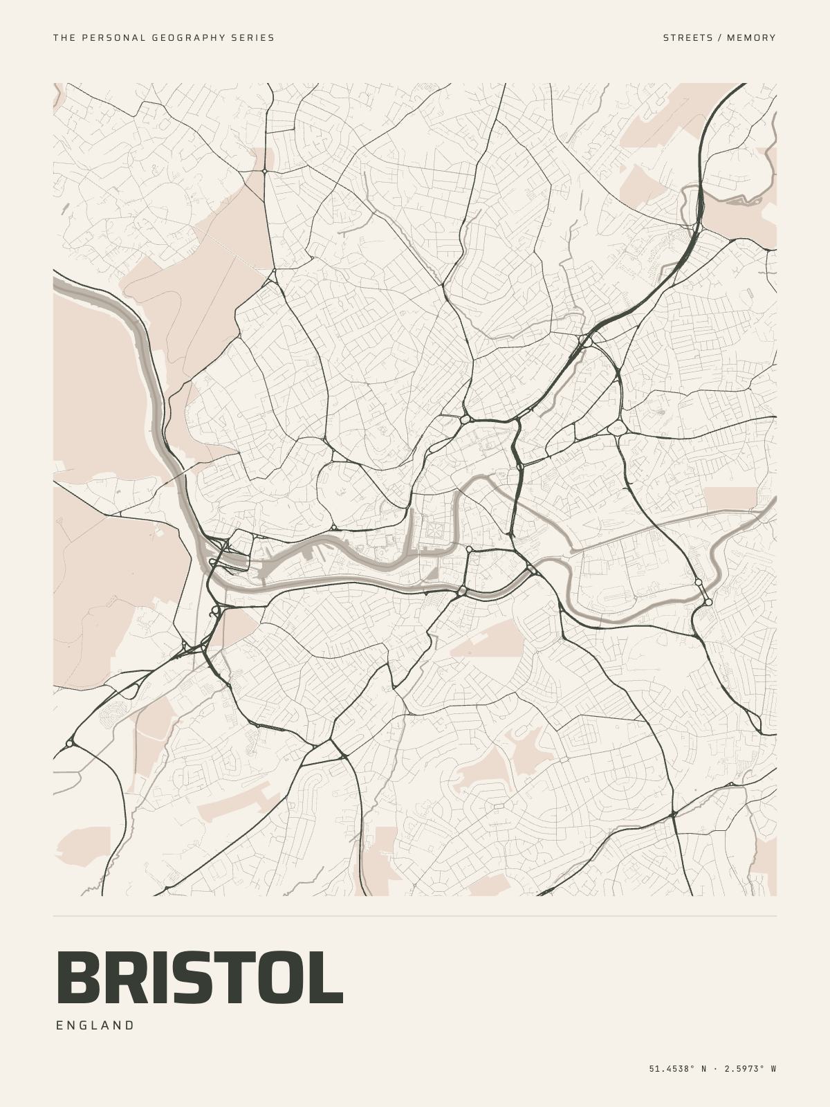 The Map Print of Bristol: its streets, its parks and the Avon drawn on fine-art paper, the name and the coordinates beneath