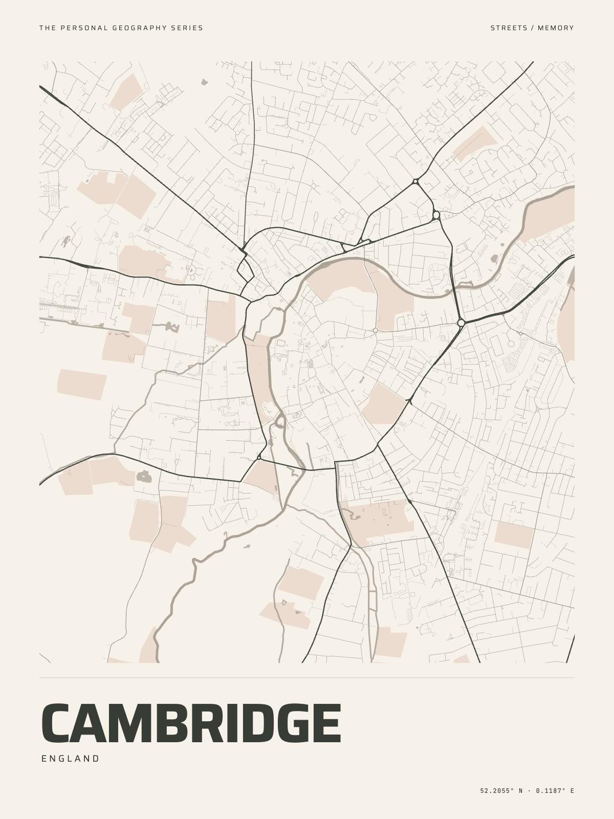 The Map Print of Cambridge: its streets, its parks and the Cam drawn on fine-art paper, the name and the coordinates beneath
