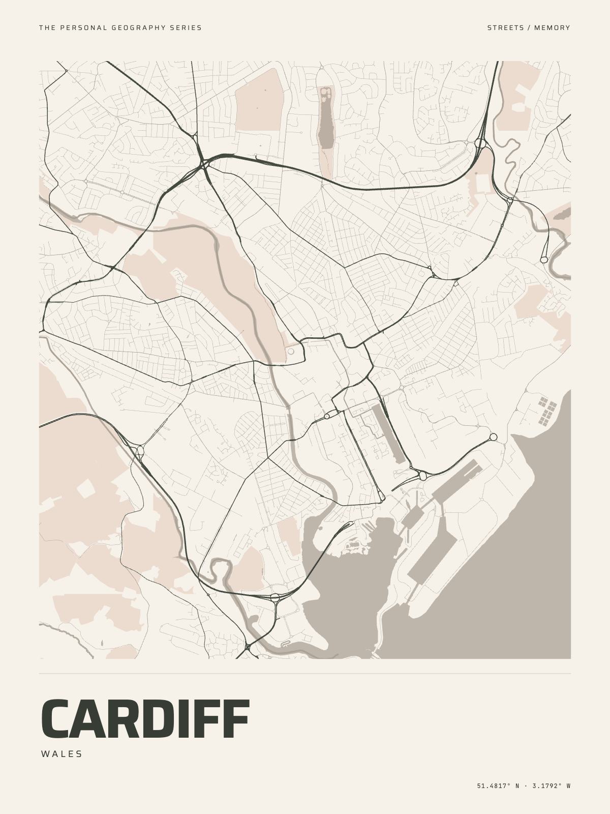 The Map Print of Cardiff: its streets, its parks and the Taff drawn on fine-art paper, the name and the coordinates beneath