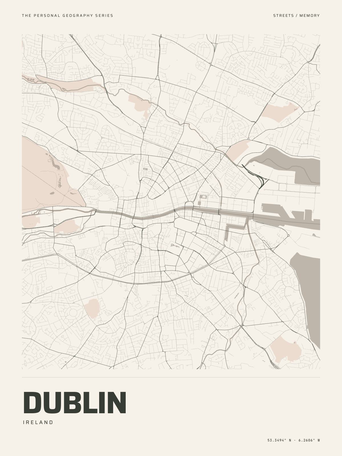 The Map Print of Dublin: its streets, its parks and the Liffey drawn on fine-art paper, the name and the coordinates beneath