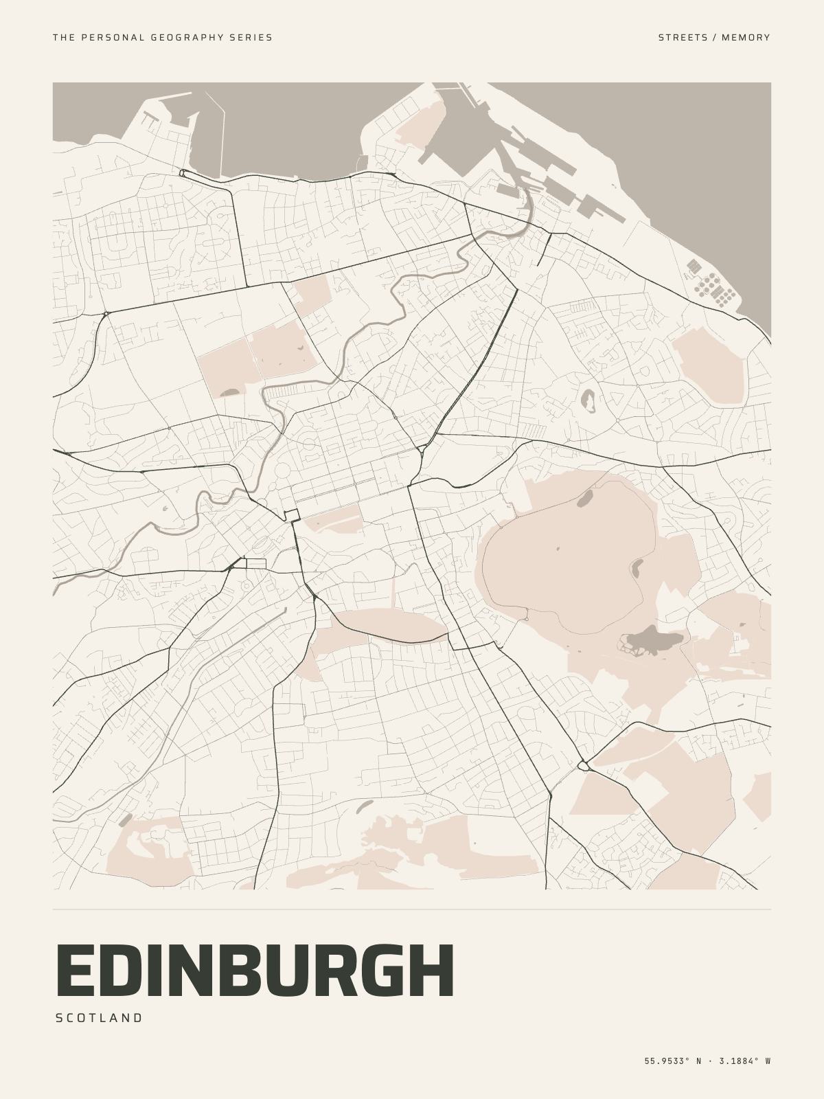 The Map Print of Edinburgh: its streets, its parks and the Firth of Forth drawn on fine-art paper, the name and the coordinates beneath