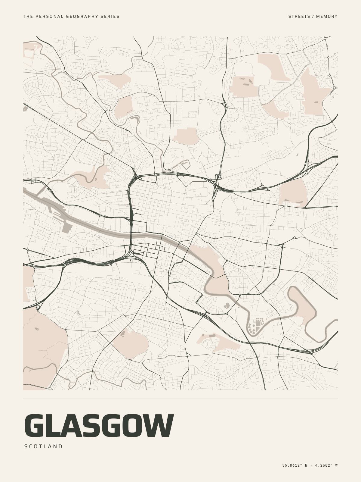 The Map Print of Glasgow: its streets, its parks and the Clyde drawn on fine-art paper, the name and the coordinates beneath