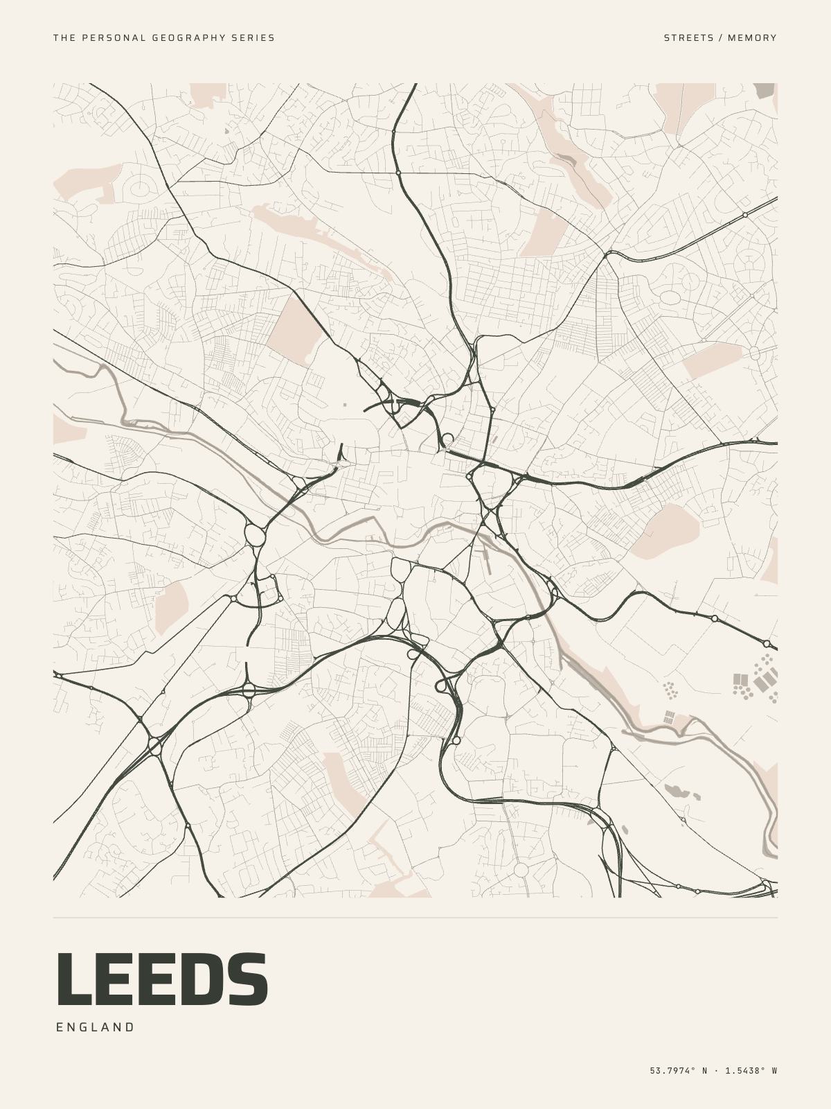 The Map Print of Leeds: its streets, its parks and the Aire drawn on fine-art paper, the name and the coordinates beneath