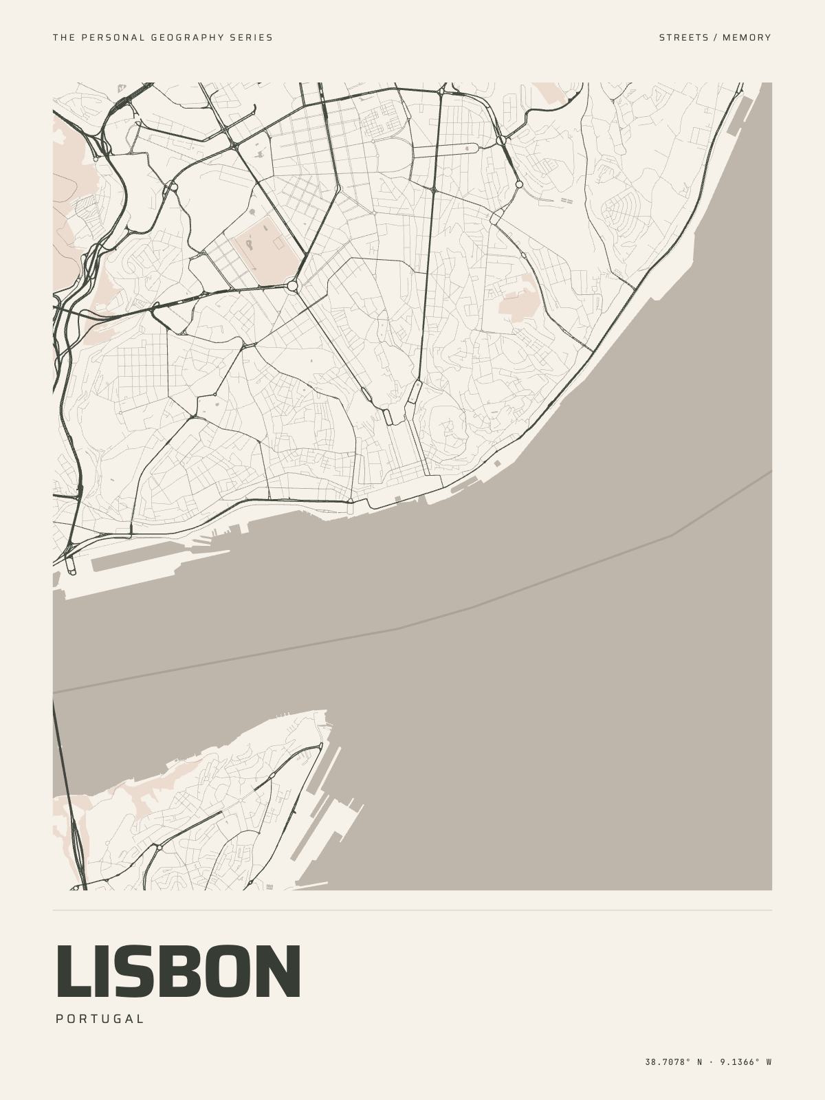 The Map Print of Lisbon: its streets, its parks and the Tagus drawn on fine-art paper, the name and the coordinates beneath