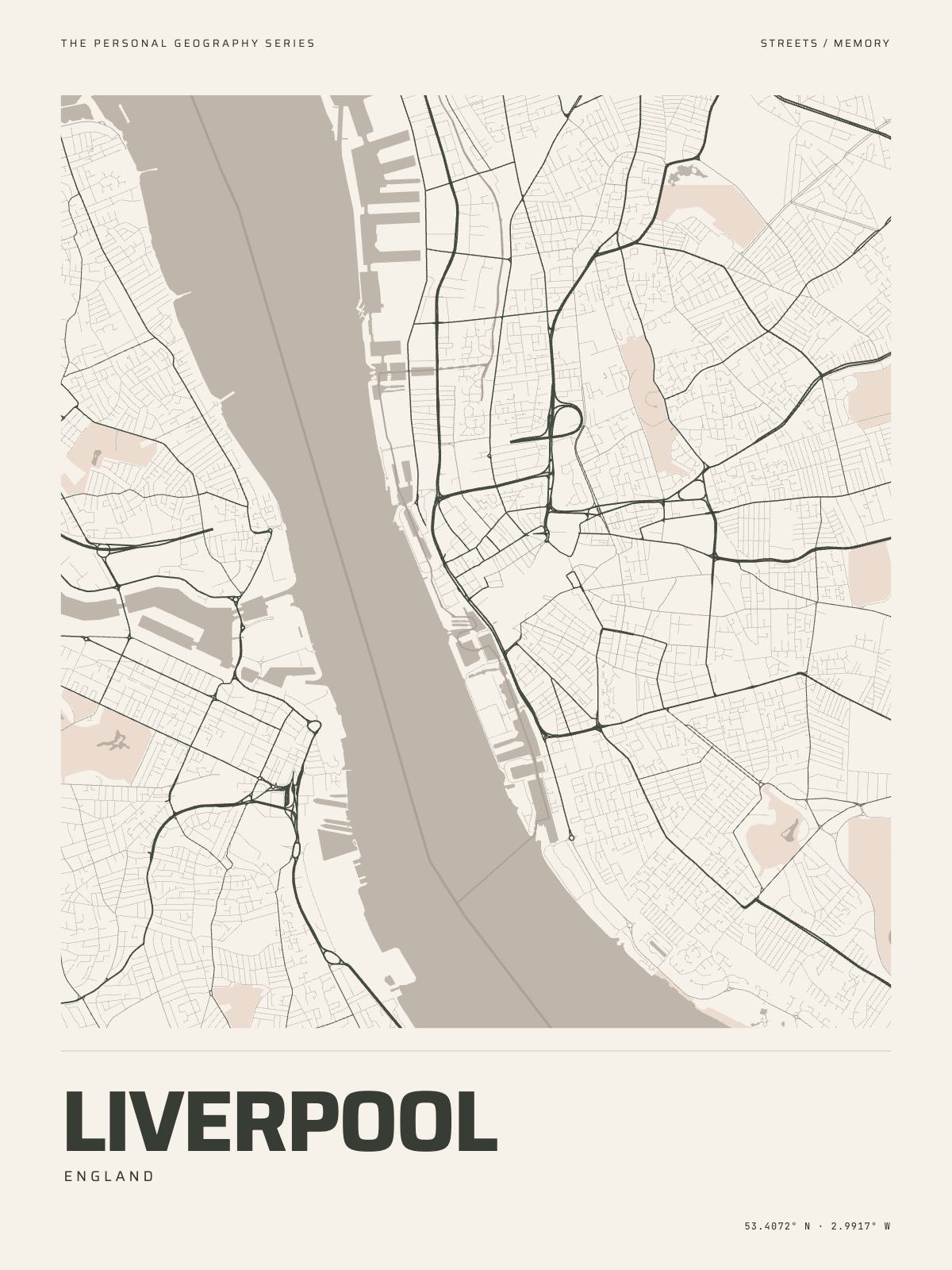 The Map Print of Liverpool: its streets, its parks and the Mersey drawn on fine-art paper, the name and the coordinates beneath