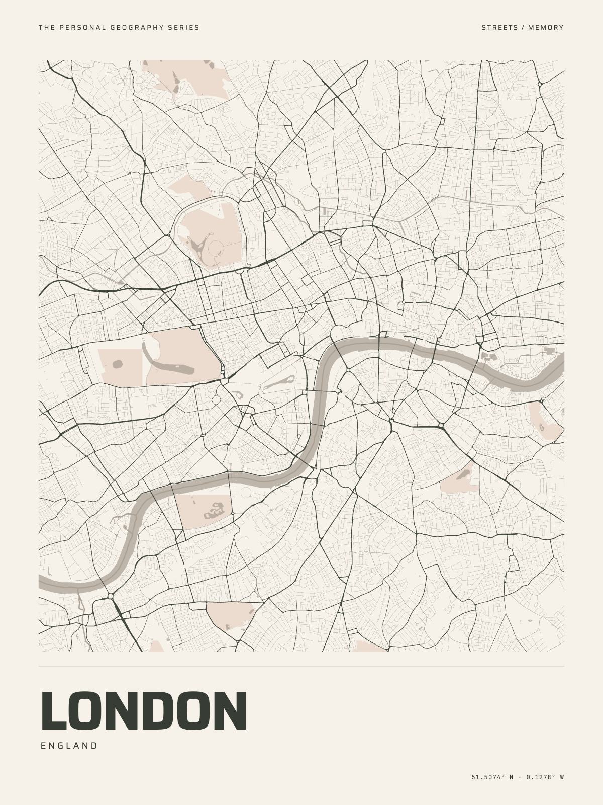 The Map Print of London: its streets, its parks and the Thames drawn on fine-art paper, the name and the coordinates beneath