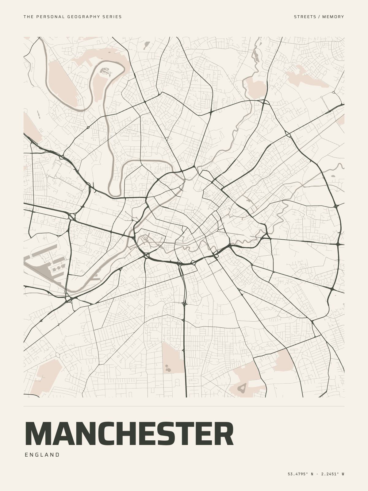 The Map Print of Manchester: its streets, its parks and the Irwell drawn on fine-art paper, the name and the coordinates beneath