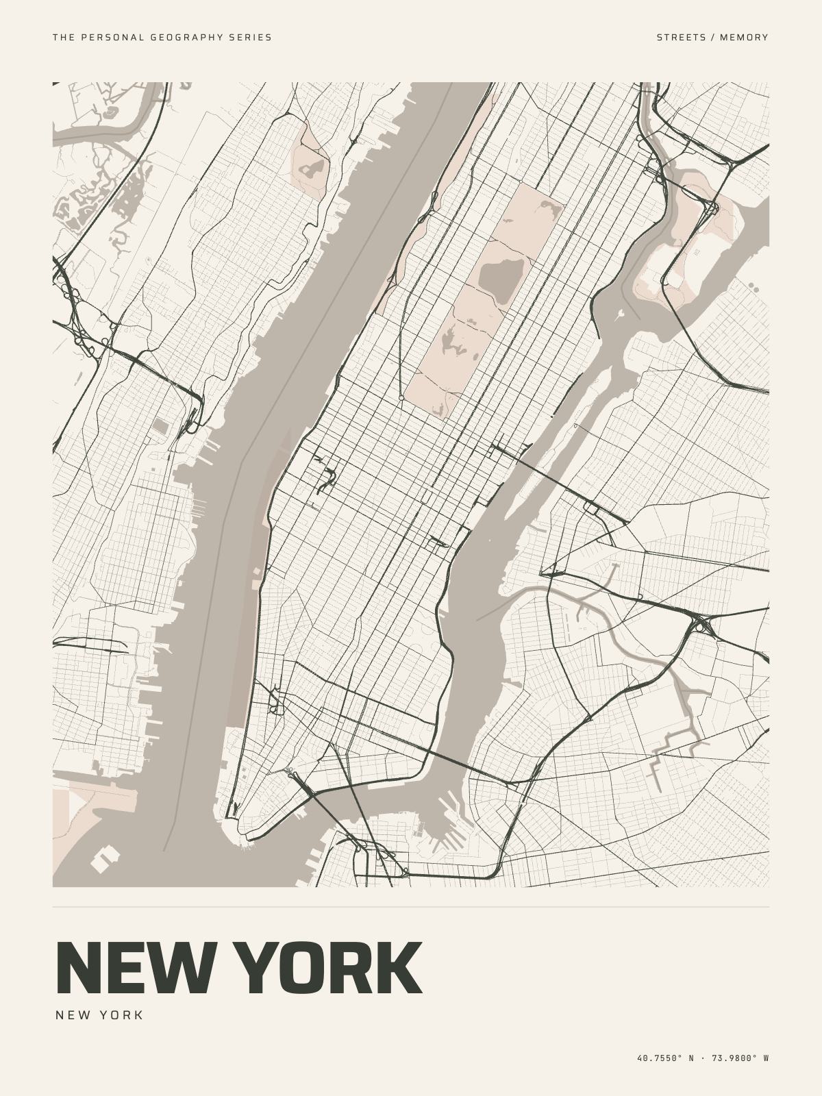 The Map Print of New York: its streets, its parks and the Hudson and the East River drawn on fine-art paper, the name and the coordinates beneath