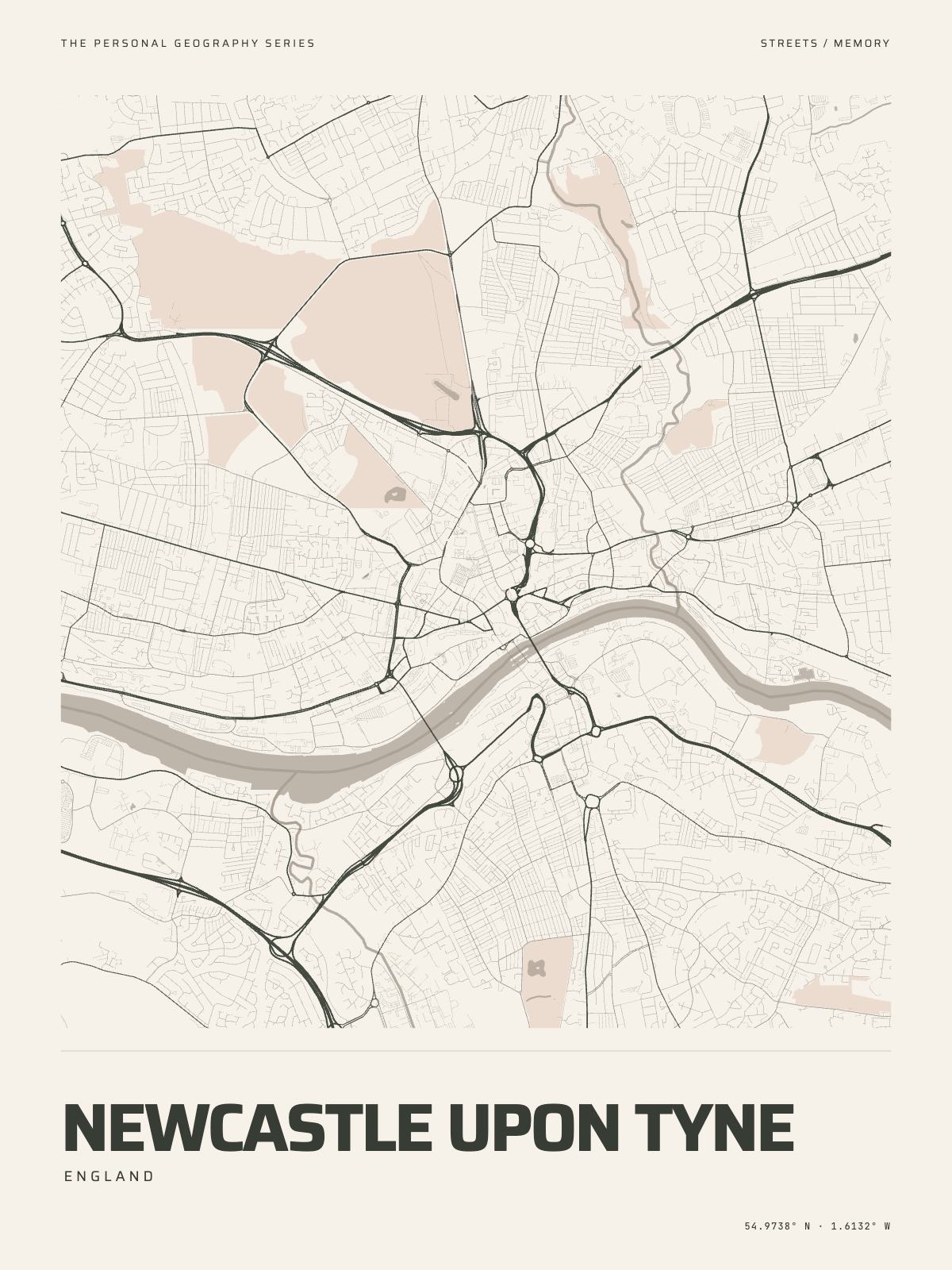 The Map Print of Newcastle upon Tyne: its streets, its parks and the Tyne drawn on fine-art paper, the name and the coordinates beneath