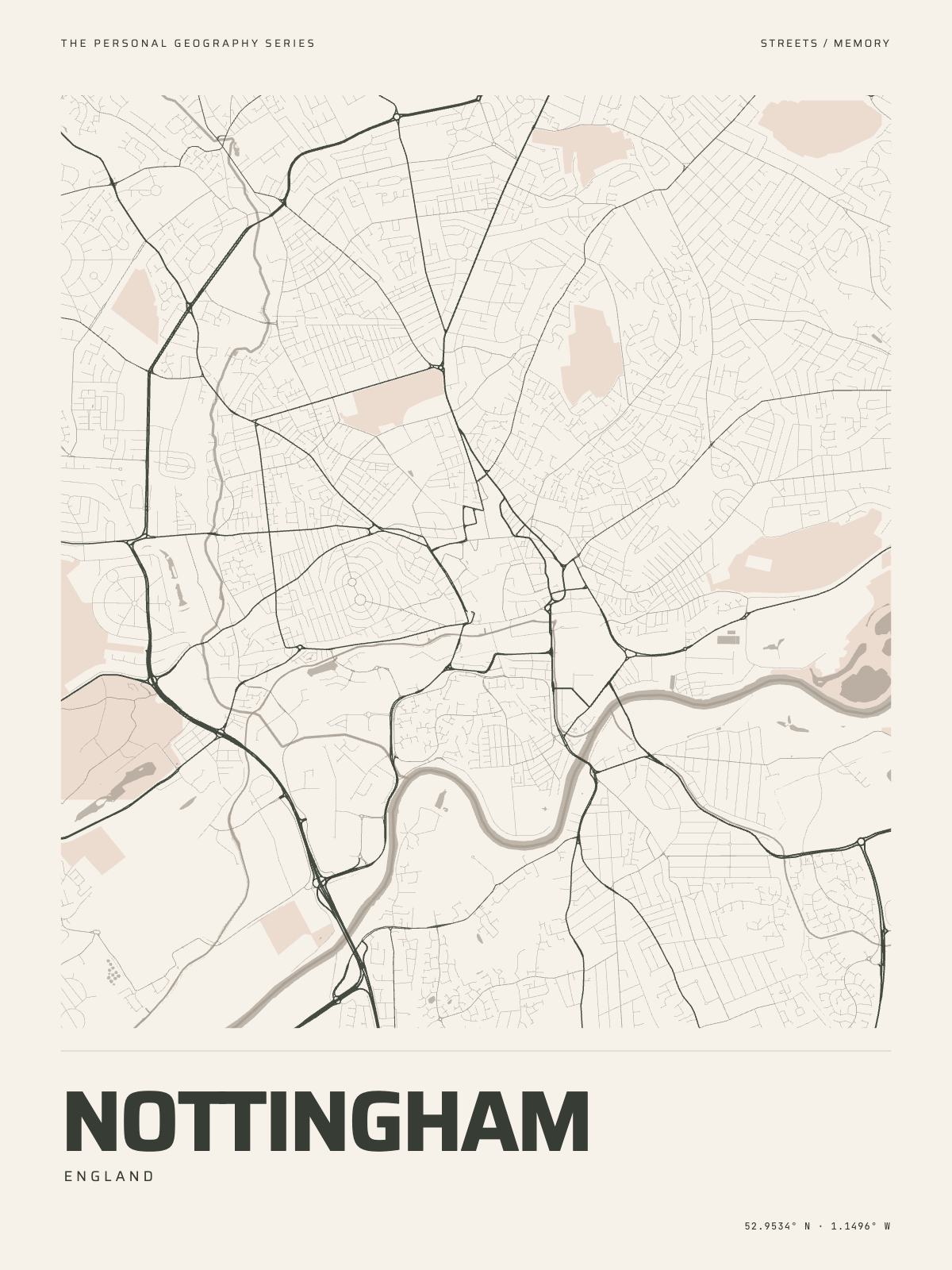 The Map Print of Nottingham: its streets, its parks and the Trent drawn on fine-art paper, the name and the coordinates beneath