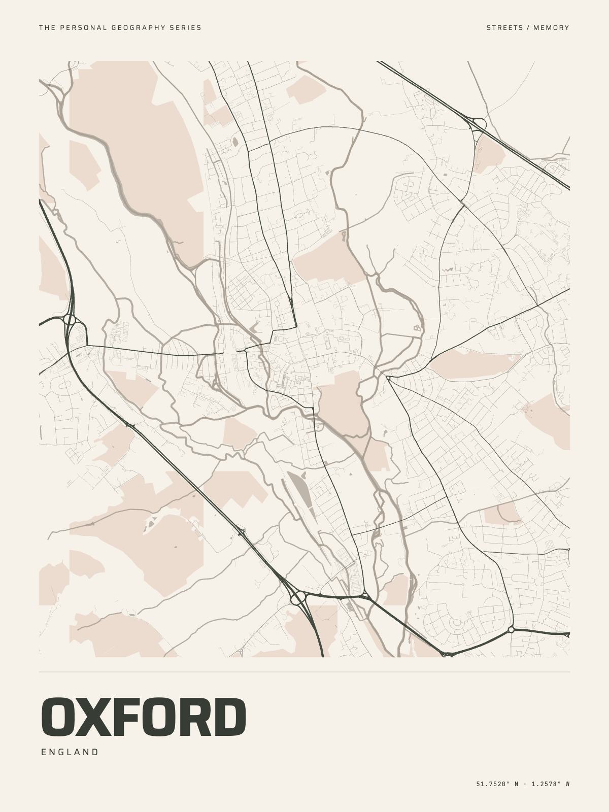 The Map Print of Oxford: its streets, its parks and the Thames and the Cherwell drawn on fine-art paper, the name and the coordinates beneath