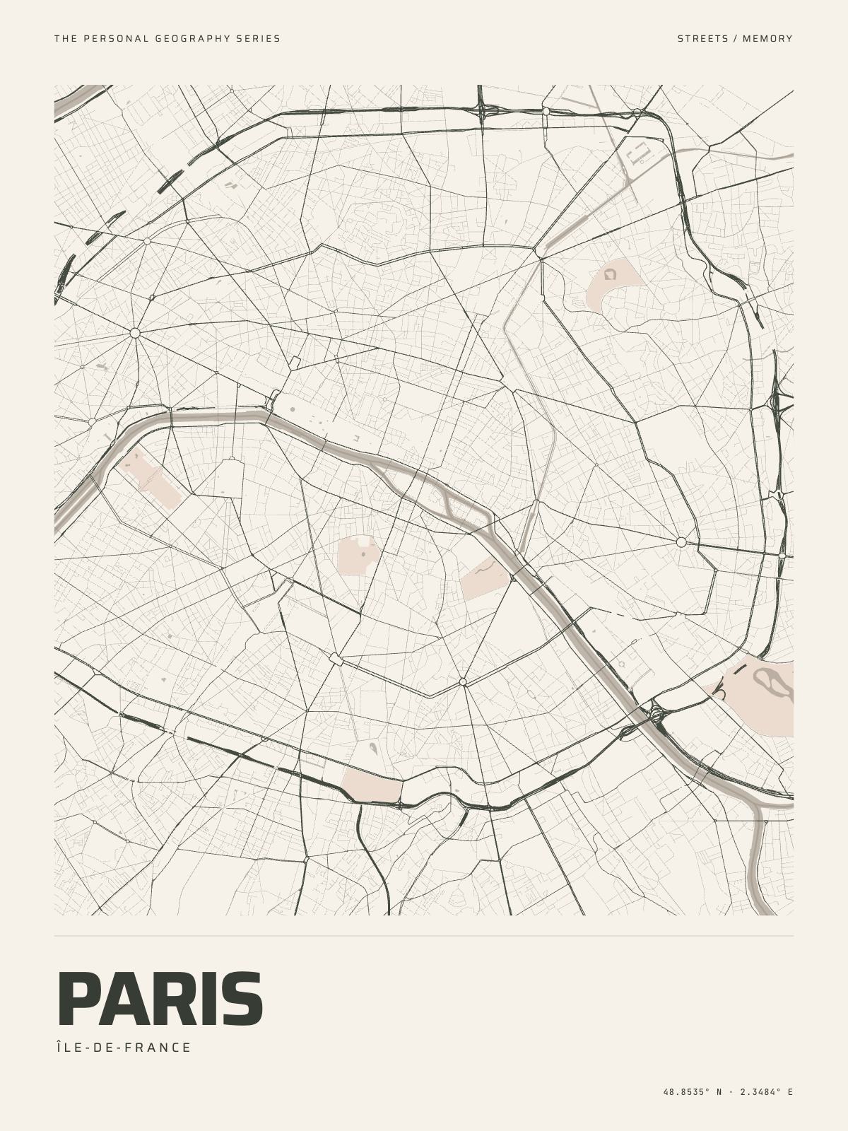 The Map Print of Paris: its streets, its parks and the Seine drawn on fine-art paper, the name and the coordinates beneath