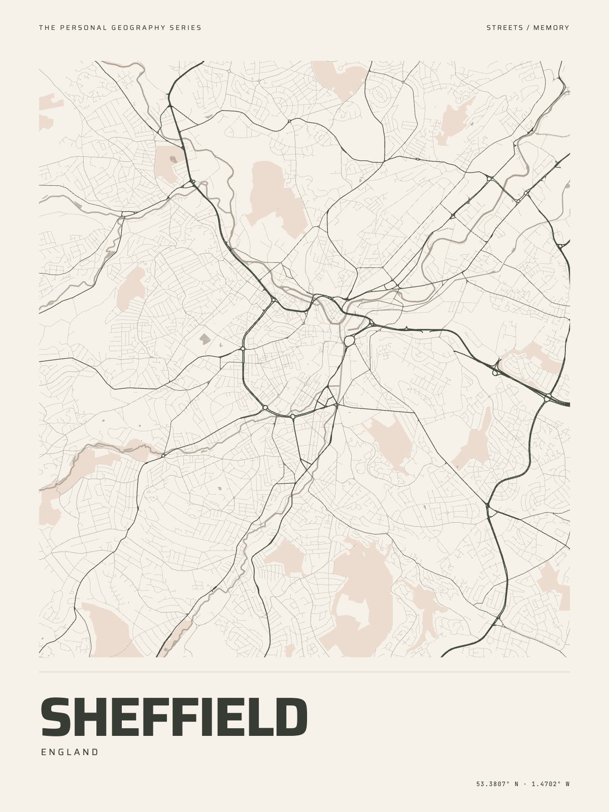 The Map Print of Sheffield: its streets, its parks and the Don drawn on fine-art paper, the name and the coordinates beneath