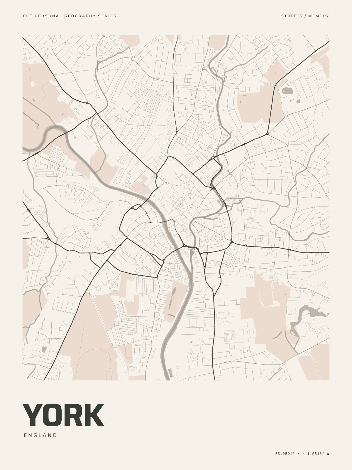 The Map Print of York: its streets, its parks and the Ouse drawn on fine-art paper, the name and the coordinates beneath