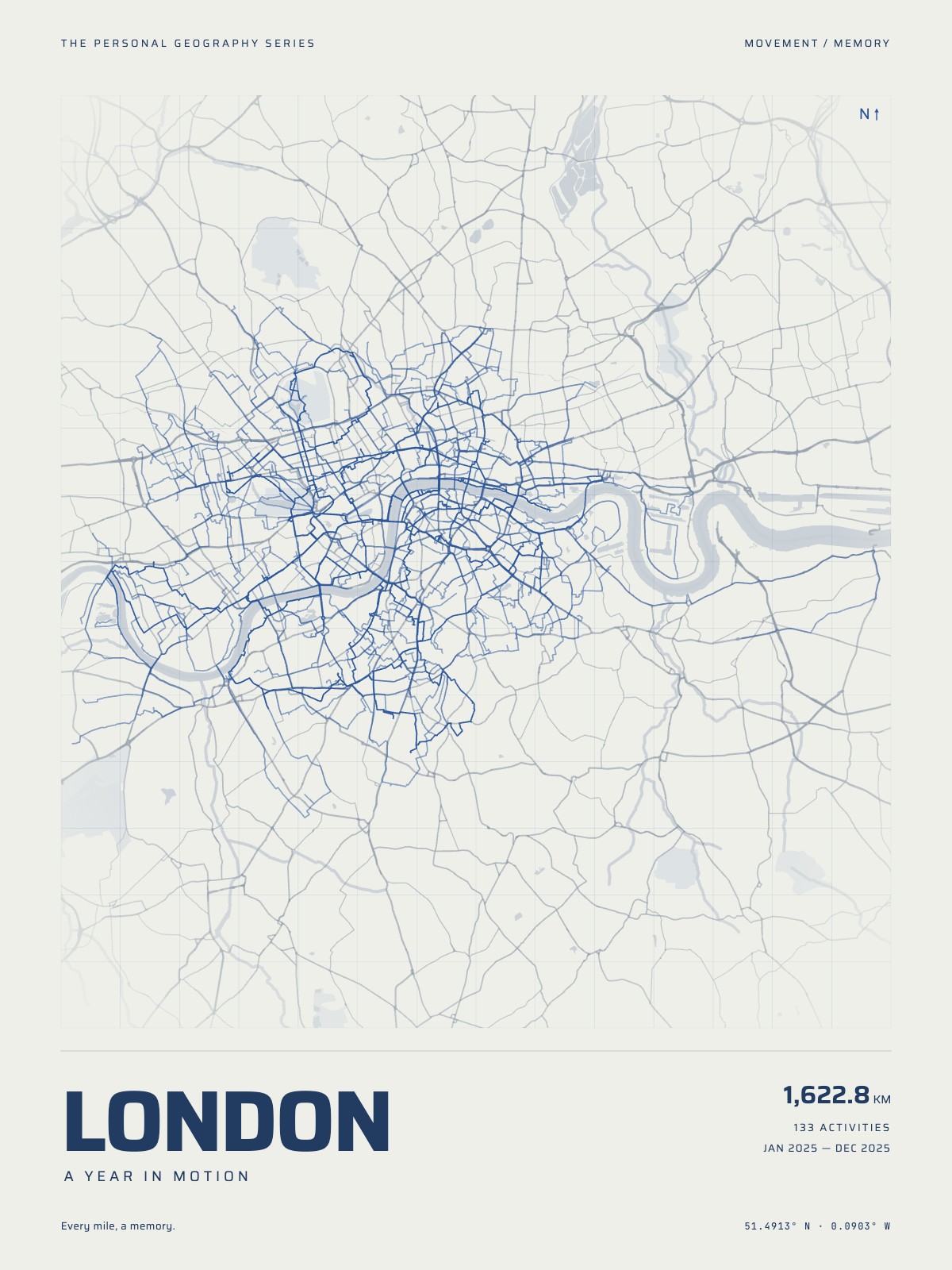 Blueprint: your routes on a fine surveying grid, over the streets of the city.