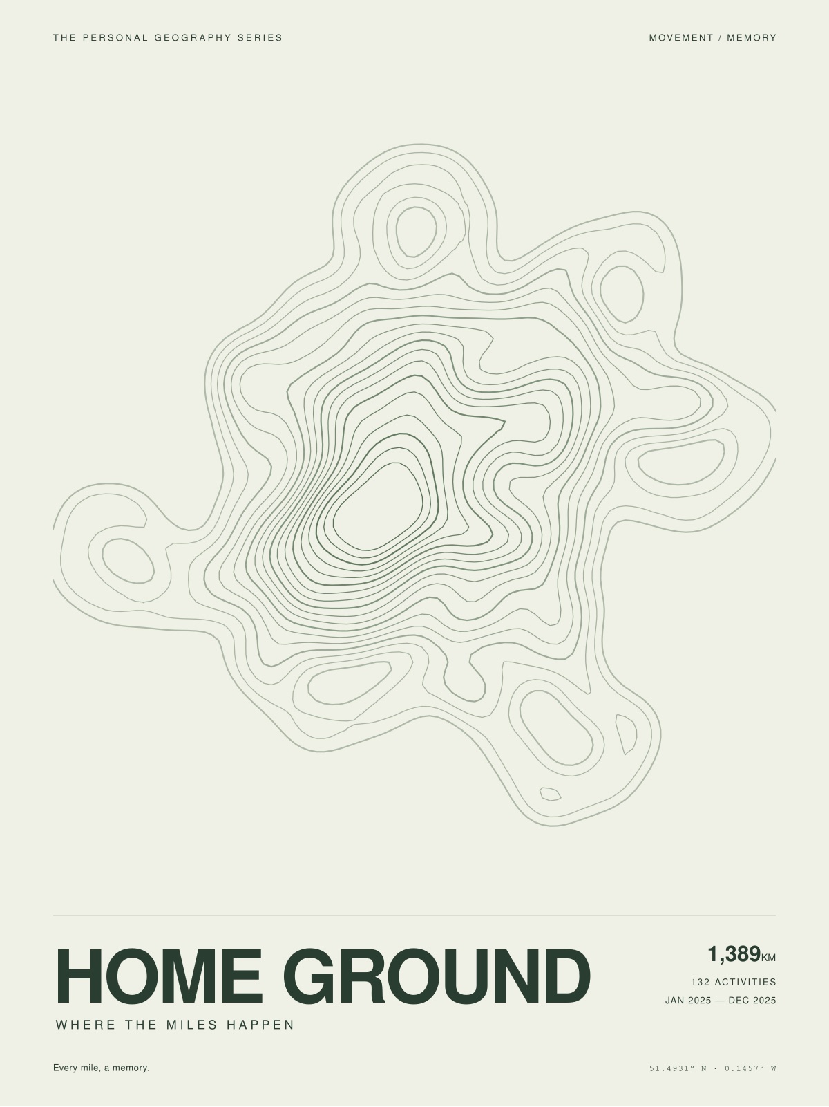 The Contours print: a year of runs drawn as density contours, the ground darkest where the miles repeat