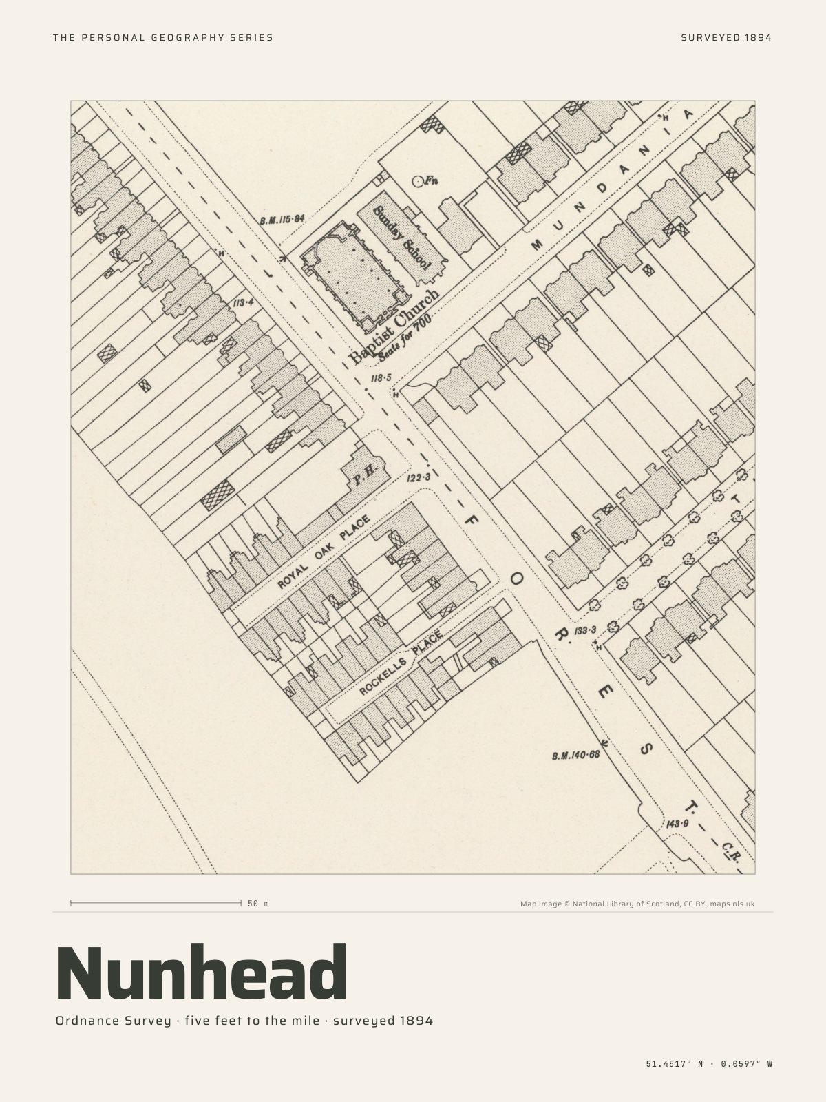 The Historic Print: Nunhead in south London as the Ordnance Survey drew it at five feet to the mile, surveyed 1894.