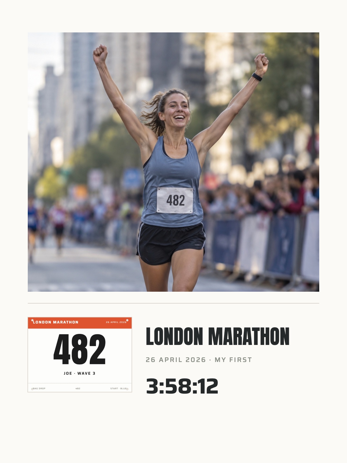 The Photo Print: Your race photograph, set in one of six layouts — one with a slot for your bib. No data needed.