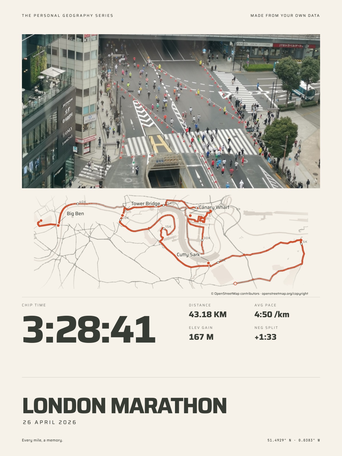 The Race Day Print: your photograph of the day above the course on the city map, with the chip time, distance, pace and climb.