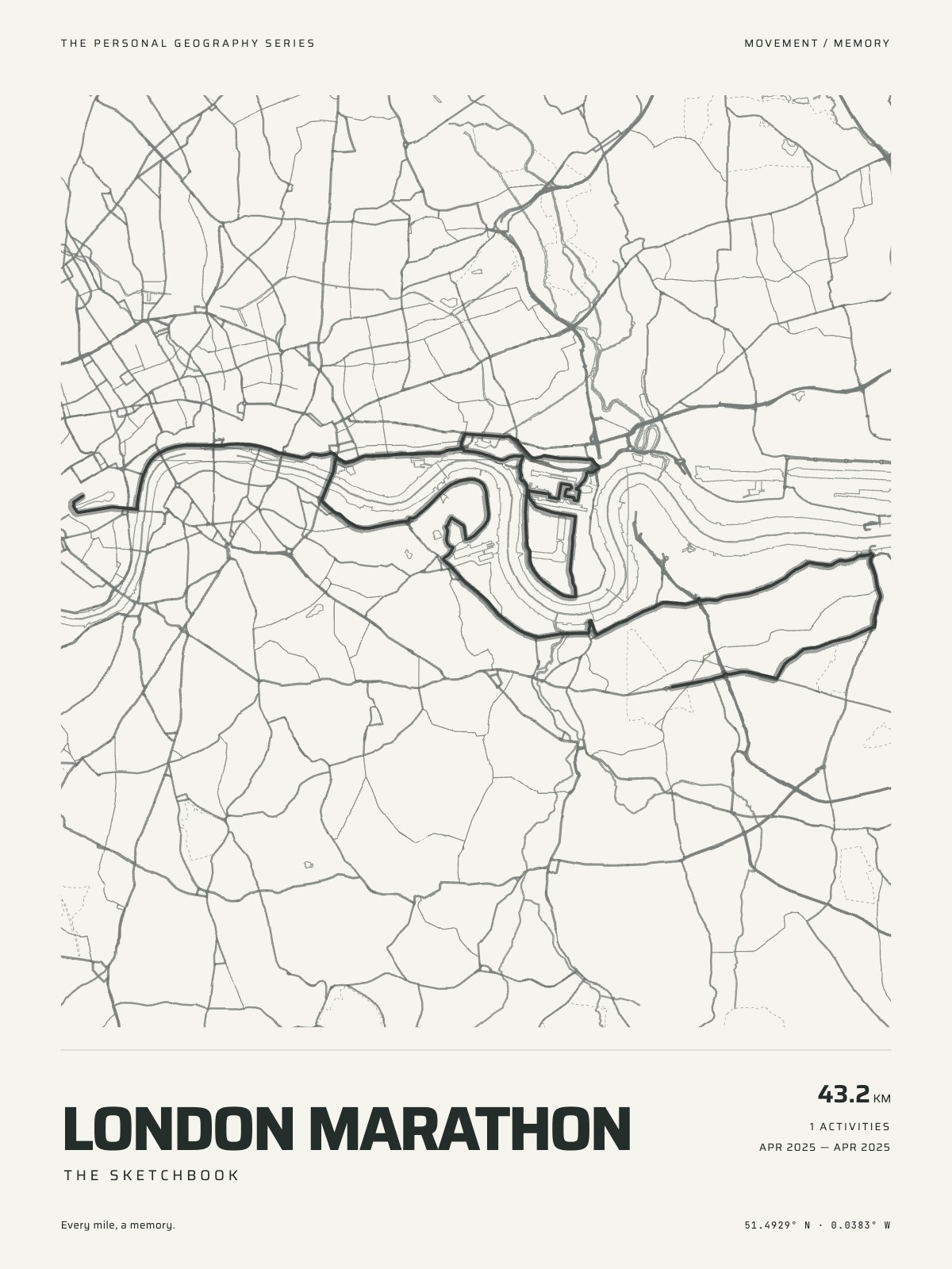 The sketchbook: Streets drawn by hand, your route in marker.