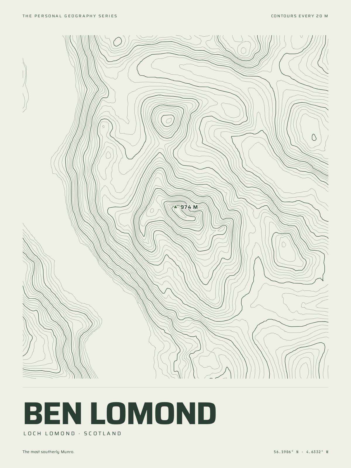 The Mountain Print of Ben Lomond: the mountain in its own contour lines, every fifth one heavier, the summit marked at 974 m, the name and the coordinates beneath
