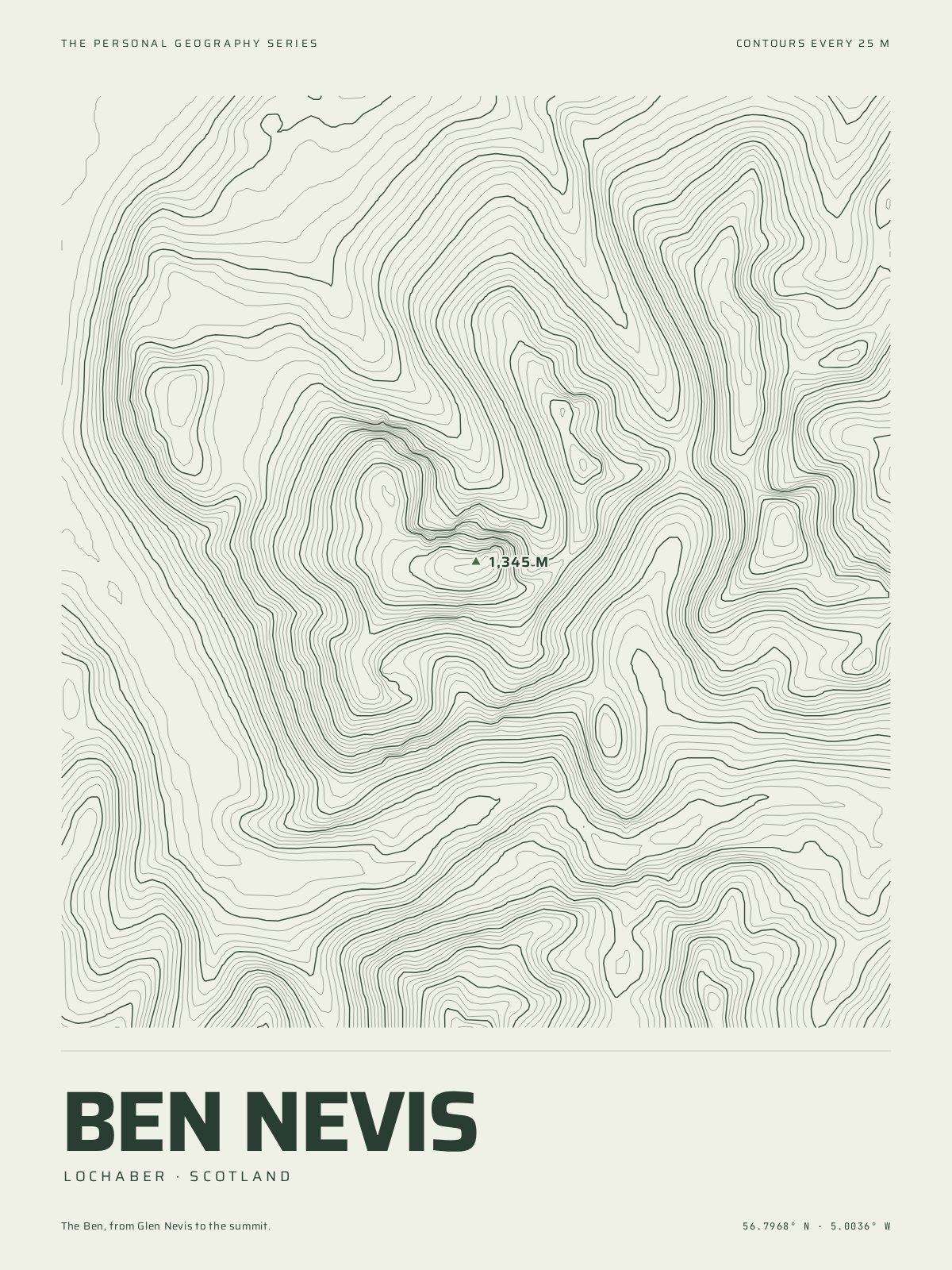 The Mountain Print of Ben Nevis: the mountain in its own contour lines, every fifth one heavier, the summit marked at 1,345 m, the name and the coordinates beneath
