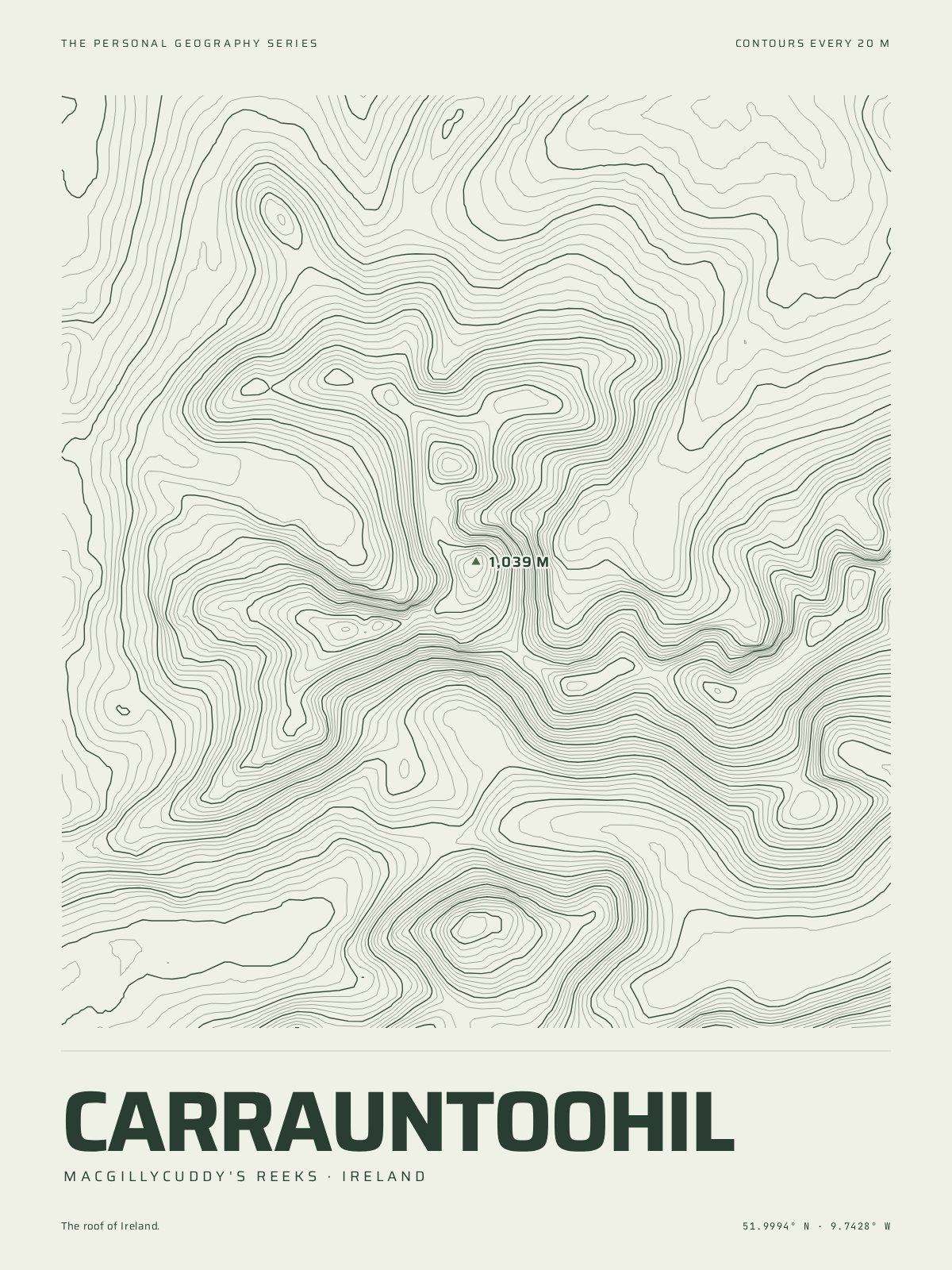 The Mountain Print of Carrauntoohil: the mountain in its own contour lines, every fifth one heavier, the summit marked at 1,039 m, the name and the coordinates beneath
