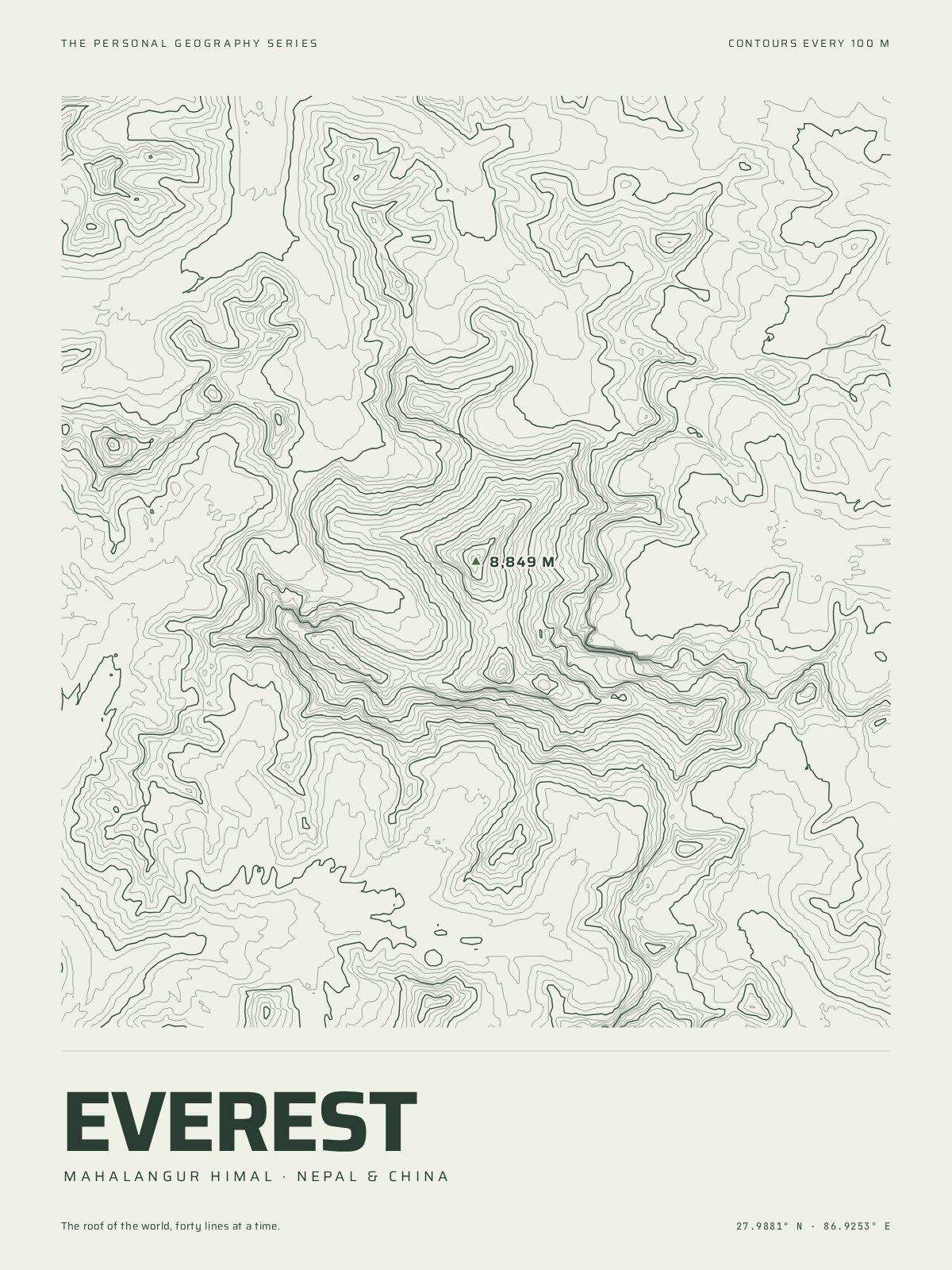 The Mountain Print of Everest: the mountain in its own contour lines, every fifth one heavier, the summit marked at 8,849 m, the name and the coordinates beneath