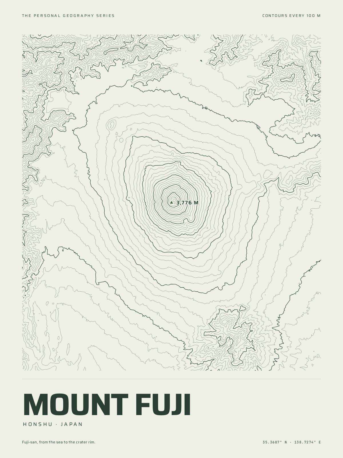 The Mountain Print of Mount Fuji: the mountain in its own contour lines, every fifth one heavier, the summit marked at 3,776 m, the name and the coordinates beneath