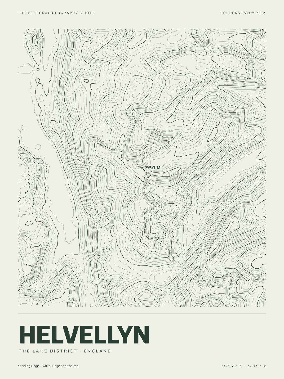 The Mountain Print of Helvellyn: the mountain in its own contour lines, every fifth one heavier, the summit marked at 950 m, the name and the coordinates beneath