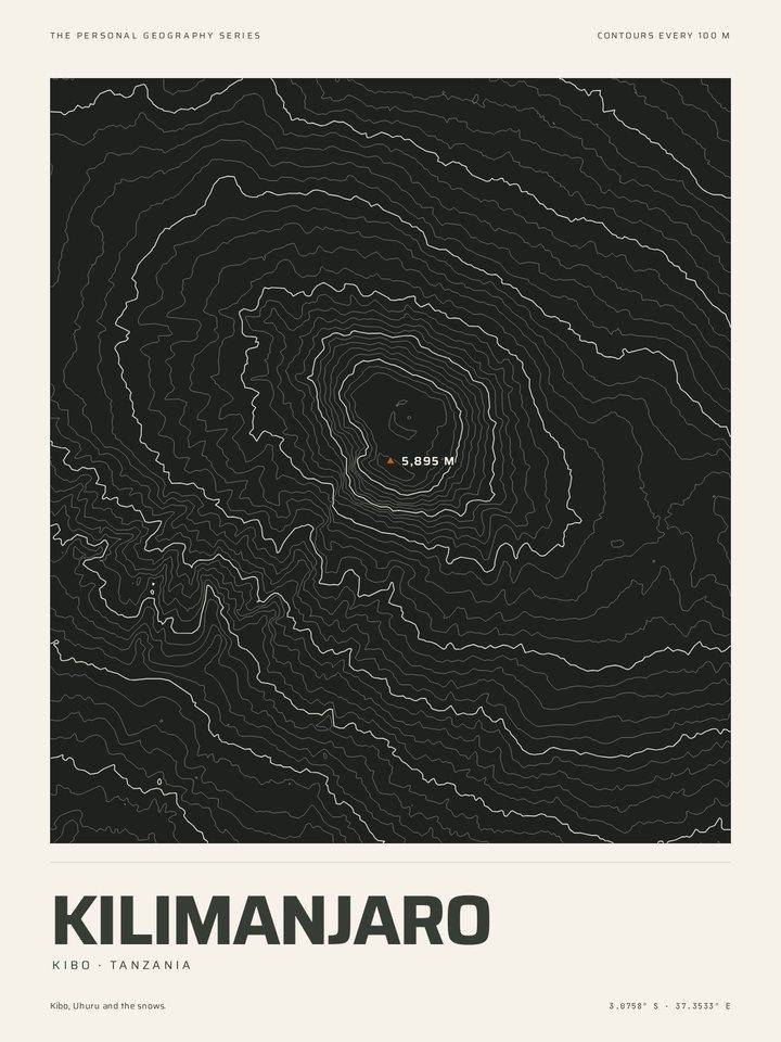 Kilimanjaro as the Night contours treatment of The Mountain Print