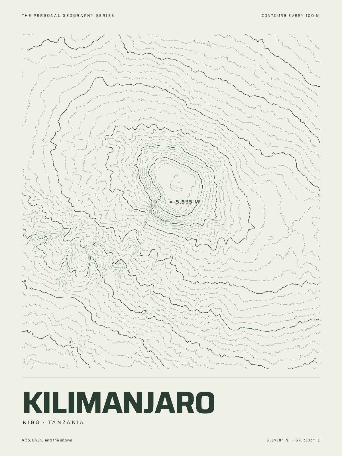 The Mountain Print of Kilimanjaro: the mountain in its own contour lines, every fifth one heavier, the summit marked at 5,895 m, the name and the coordinates beneath