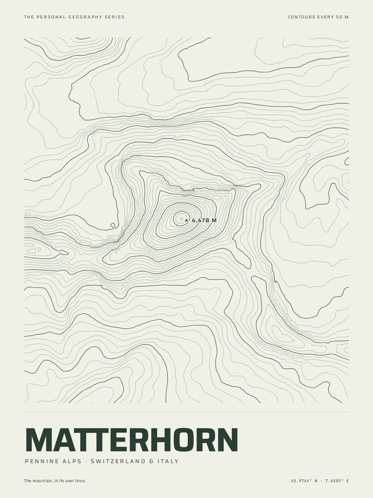 The Mountain Print of Matterhorn: the mountain in its own contour lines, every fifth one heavier, the summit marked at 4,478 m, the name and the coordinates beneath