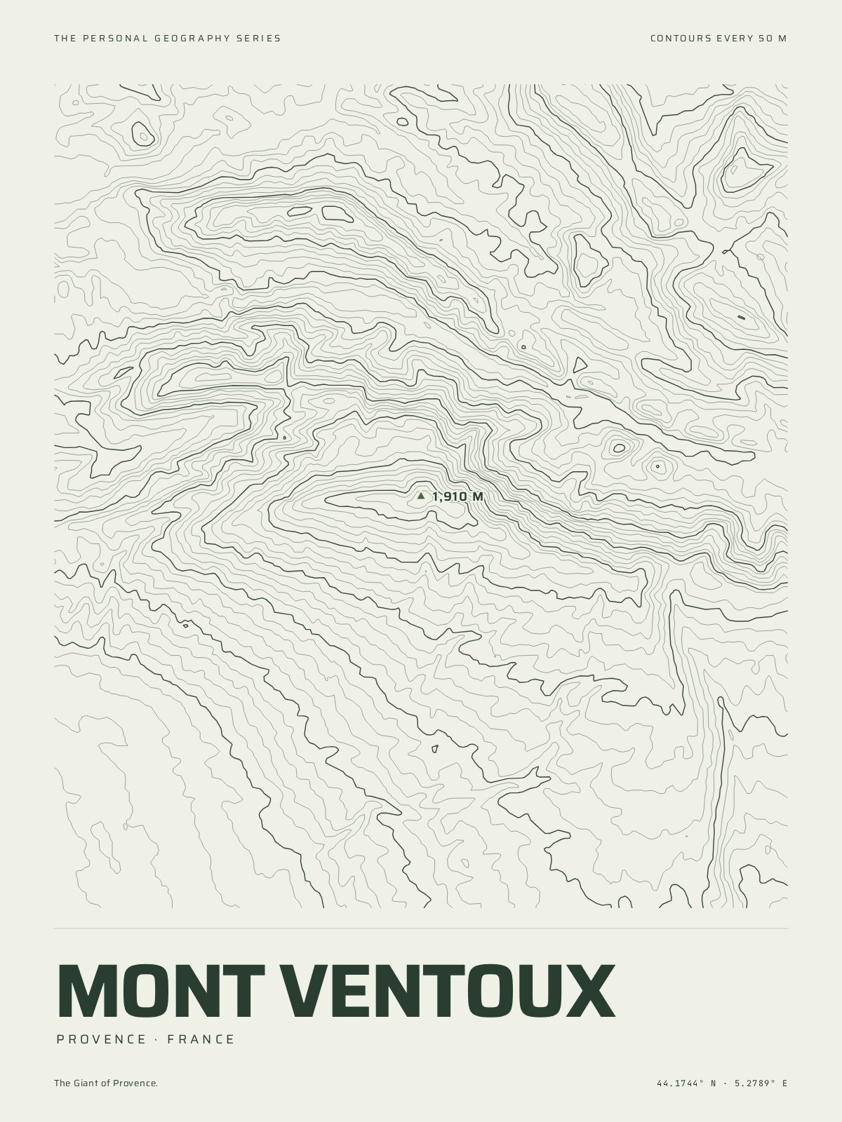 The Mountain Print of Mont Ventoux: the mountain in its own contour lines, every fifth one heavier, the summit marked at 1,910 m, the name and the coordinates beneath