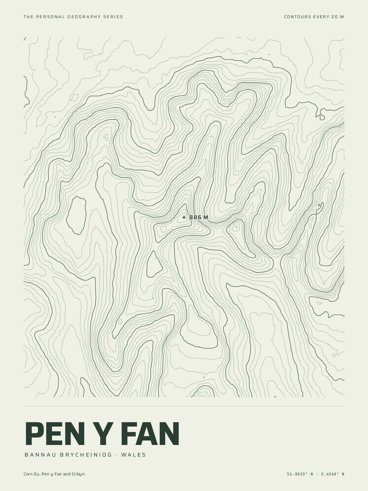 The Mountain Print of Pen y Fan: the mountain in its own contour lines, every fifth one heavier, the summit marked at 886 m, the name and the coordinates beneath