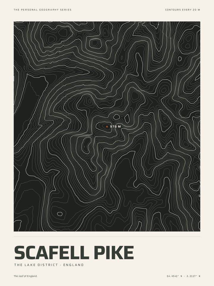 Scafell Pike as the Night contours treatment of The Mountain Print