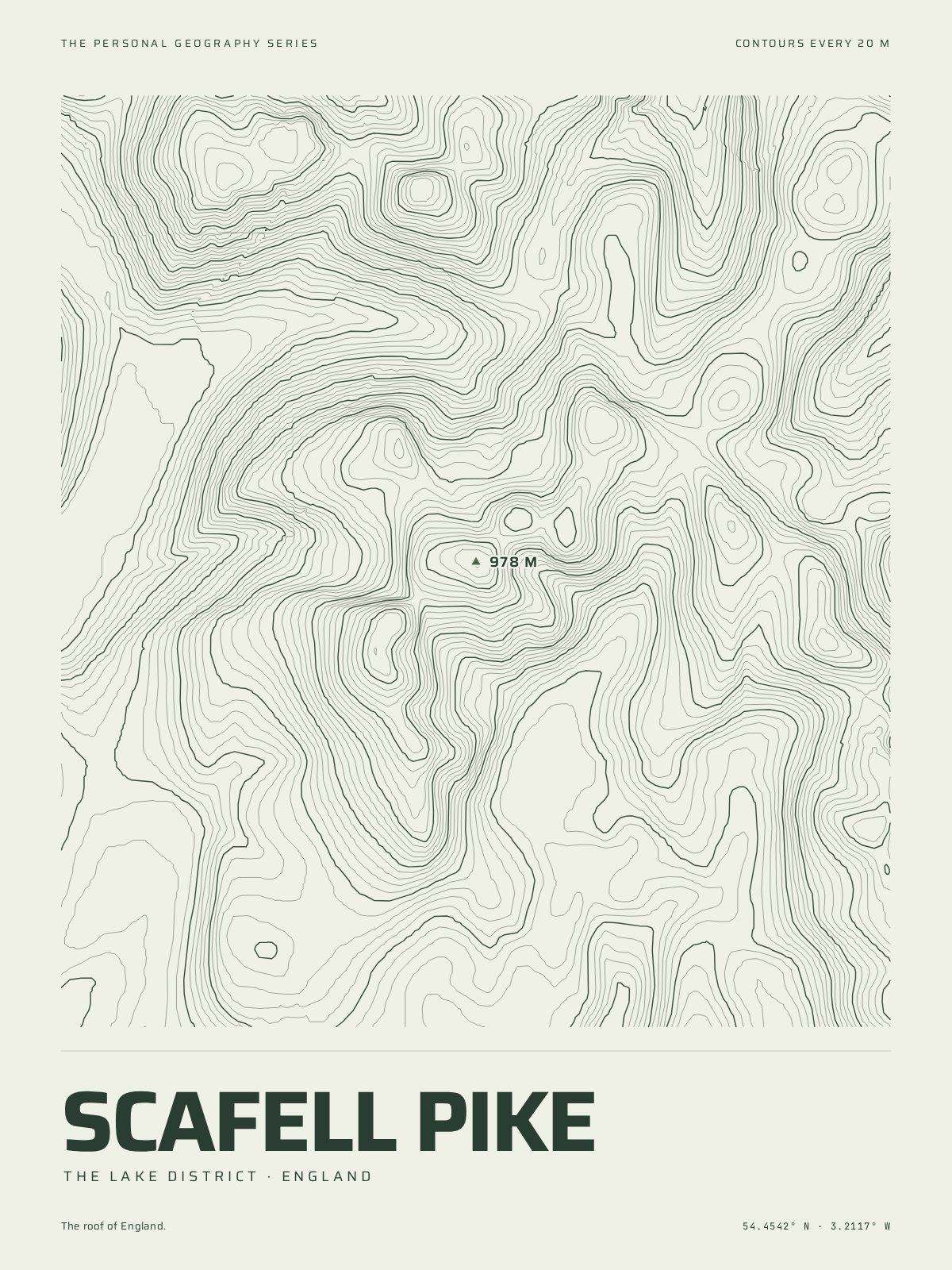 The Mountain Print of Scafell Pike: the mountain in its own contour lines, every fifth one heavier, the summit marked at 978 m, the name and the coordinates beneath