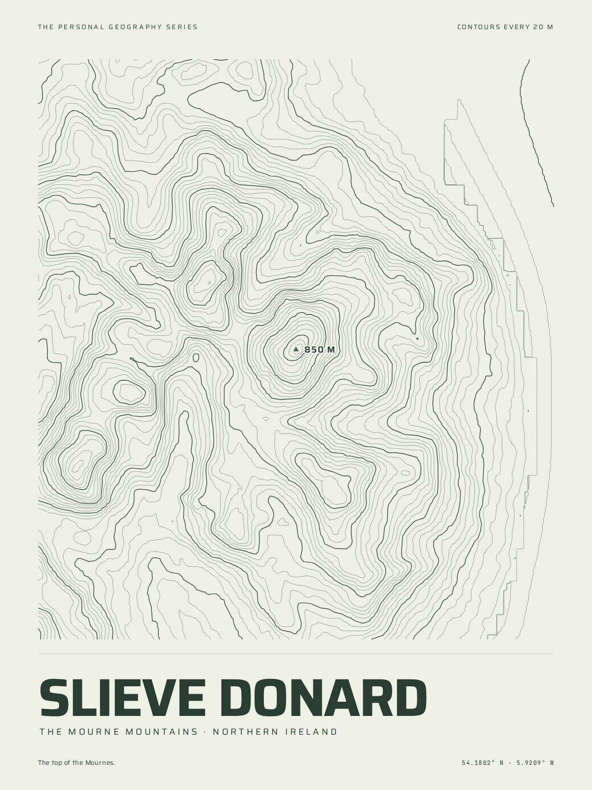 The Mountain Print of Slieve Donard: the mountain in its own contour lines, every fifth one heavier, the summit marked at 850 m, the name and the coordinates beneath