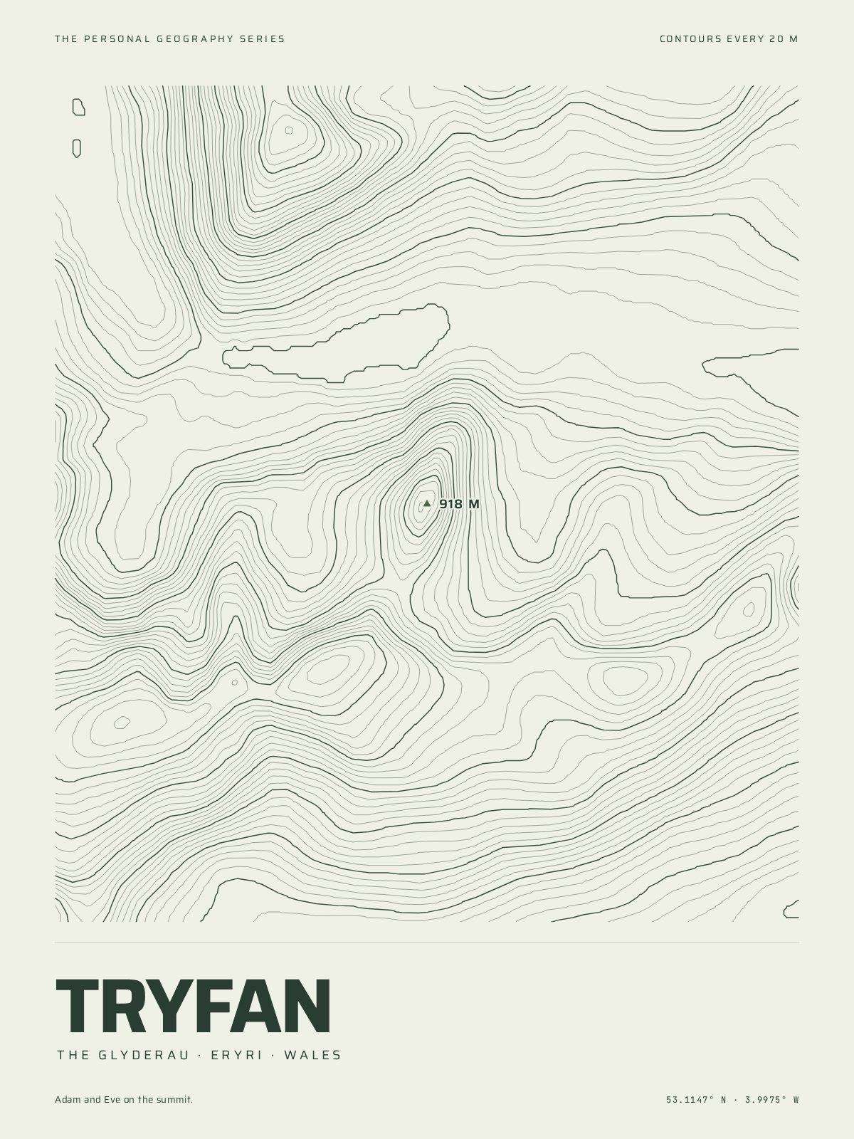 The Mountain Print of Tryfan: the mountain in its own contour lines, every fifth one heavier, the summit marked at 918 m, the name and the coordinates beneath