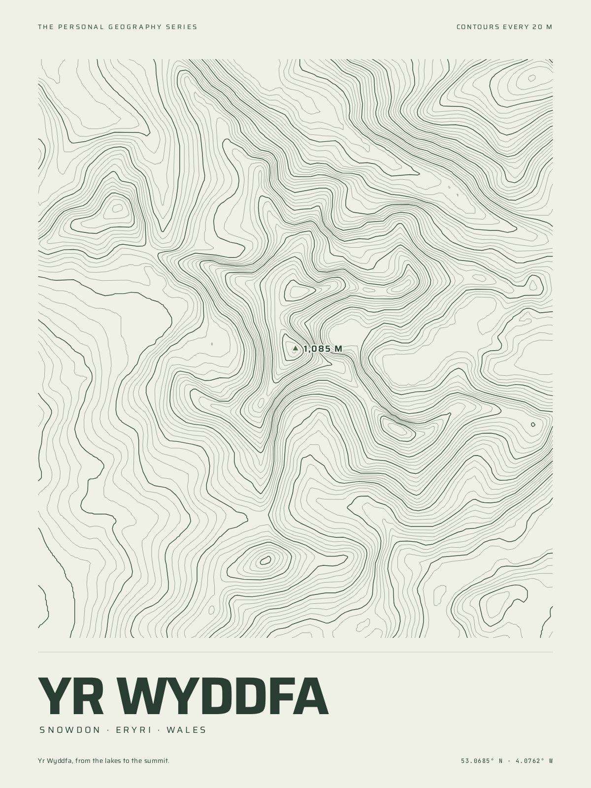 The Mountain Print of Yr Wyddfa: the mountain in its own contour lines, every fifth one heavier, the summit marked at 1,085 m, the name and the coordinates beneath