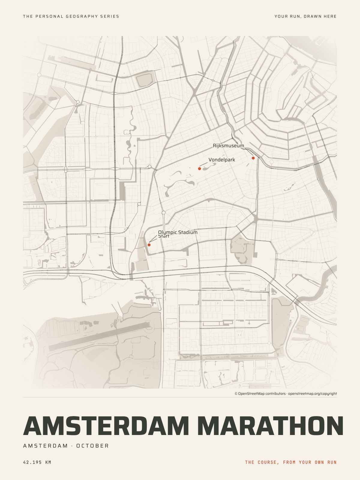 The streets of Amsterdam with the start, the finish and the landmarks of the Amsterdam Marathon, on the print’s paper