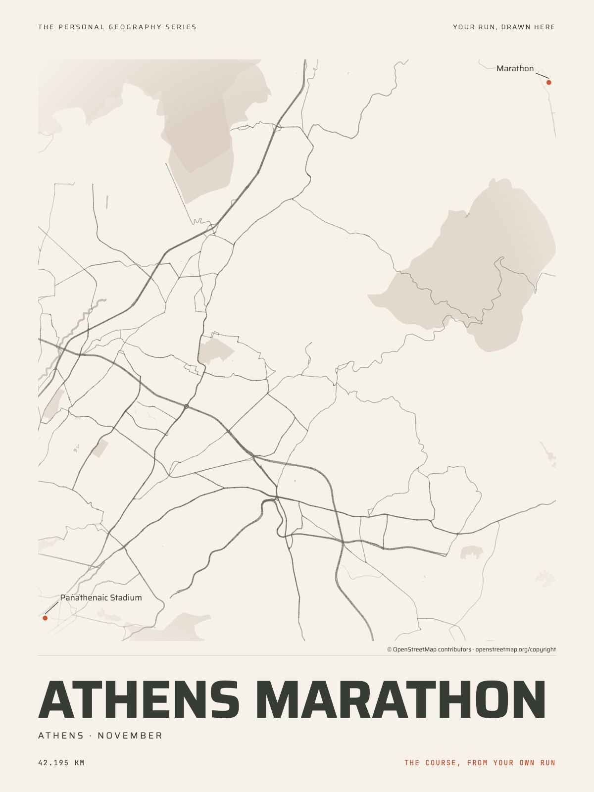 The streets of Athens with the start, the finish and the landmarks of the Athens Marathon, on the print’s paper