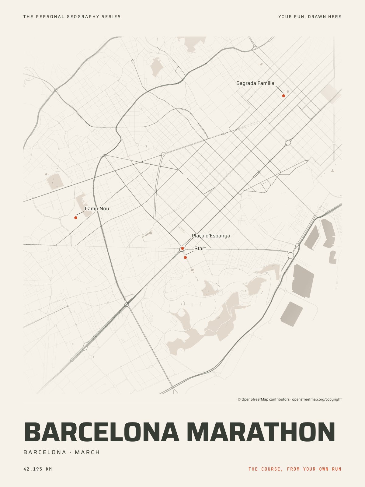 The streets of Barcelona with the start, the finish and the landmarks of the Barcelona Marathon, on the print’s paper